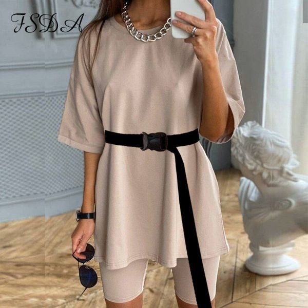

fsda summer 2020 women set o neck loose short sleeve shirt and biker shorts casual two piece sets white outfit khaki suit q1217, Black;white