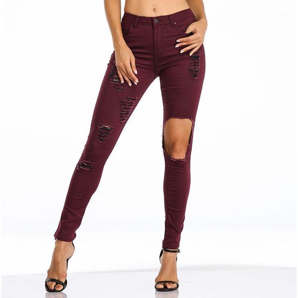 

plus size women casual denim jeans wine red thin hole ripped pants jeans women summer stretch cotton denim pants trousers1, Blue