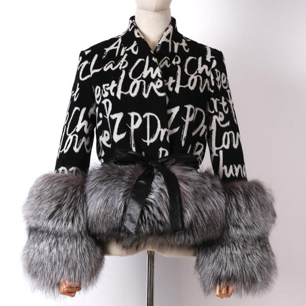 

fur sleeve ladies and bottom women wool coat, Black