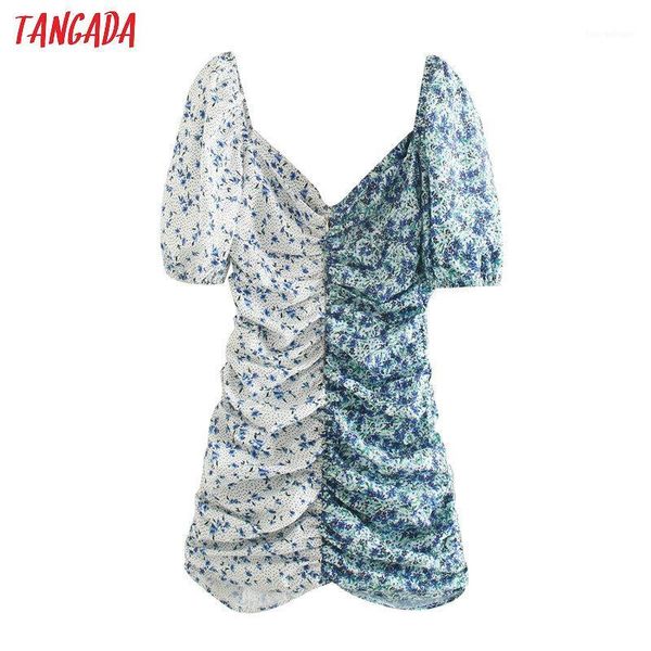 

casual dresses tangada women flower print patchwork party dress short sleeve back zipper females mini vestidos xn4561, Black;gray