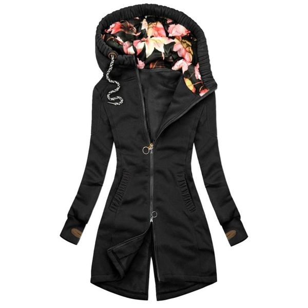 

winter jacket hooded coat women fashion floral print jacket zipper pocket sweatshirt long sleeve coat winter warm sudadera mujer, Black;brown