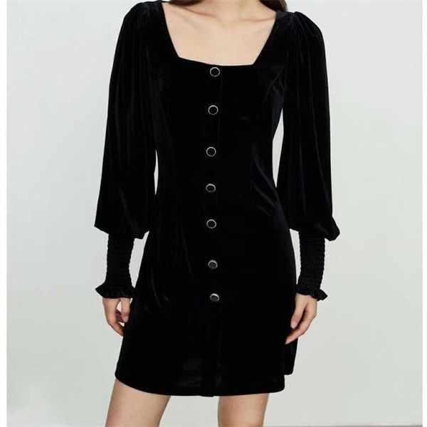 

zxqj women 2020 chic fashion lantern sleeve thick square collar button velvet mini dress vintage female dresses vestidos mujer, Black;gray