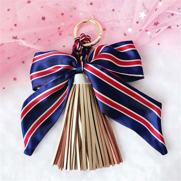 

cloth bow knot key chain chiffon pu leather tassel keyring for lady bag ornaments creative fashion keychain, Silver