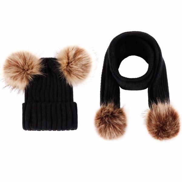 

beanies 2 pieces set girls boys cute winter kids baby hats keep warm children knit wool fur double ball hat crochet cap scarf