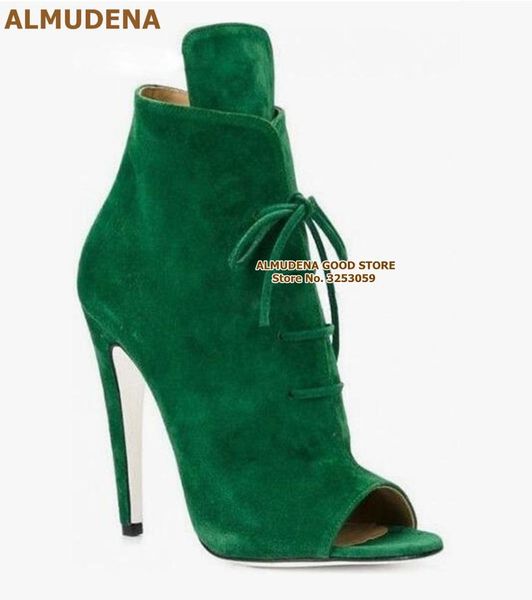 

almudena green suede ankle boots stiletto heels lace-up open toe gladiator booties big size47 dress shoes short motorcycle boot, Black