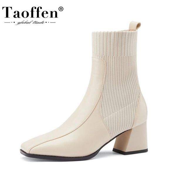 

taoffen new women ankle boots real leather patchwork square toe women stretch boots fashion party shoes ladies size 34-43, Black