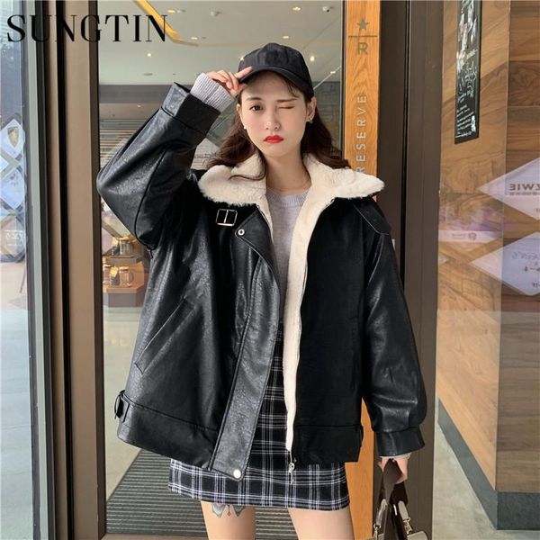 

sungtin new design winter faux leather jackets women thicken warm fur leather coat black outerwear female plush sherpa jacket