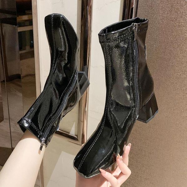 

сапоги женские новые 2020 роскошные дизайнерские туфли круглые носки зимняя обувь резиновая мода кожаный высокий каблук низкий средний телен, Black