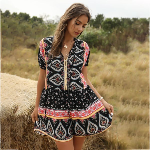 Jastie Boho Vintage Macacões e Jumpsuit Mulheres Padrão Impressão V Pescoço Tassel Patchwork Macacão Casual Playsuits Soltos Mulheres 2020 T200704