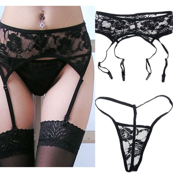 

womens lingerie sets lace garter belt suspender +matching g-string thong set for stockings, Black;white