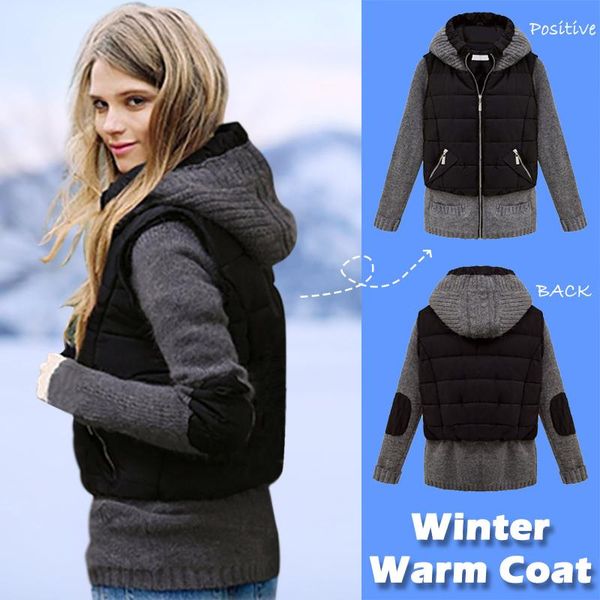 

women winter windprood casual jackets stitching fake two-piece down padded hooded slim cardigan jacket plus size #t2g, Black;brown