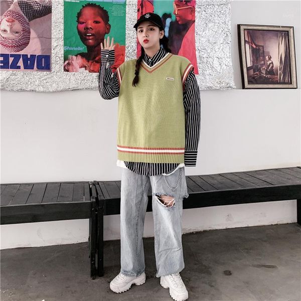 

knitted vest 2019 women new autumn and winter loose v-neck sleeveless patchwork vest loose sweater jacket1, Black;white