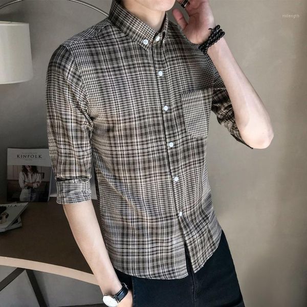 

2020 spring new plaid shirt men's long-sleeved slim korean business casual trend british handsome 5xl red1, White;black