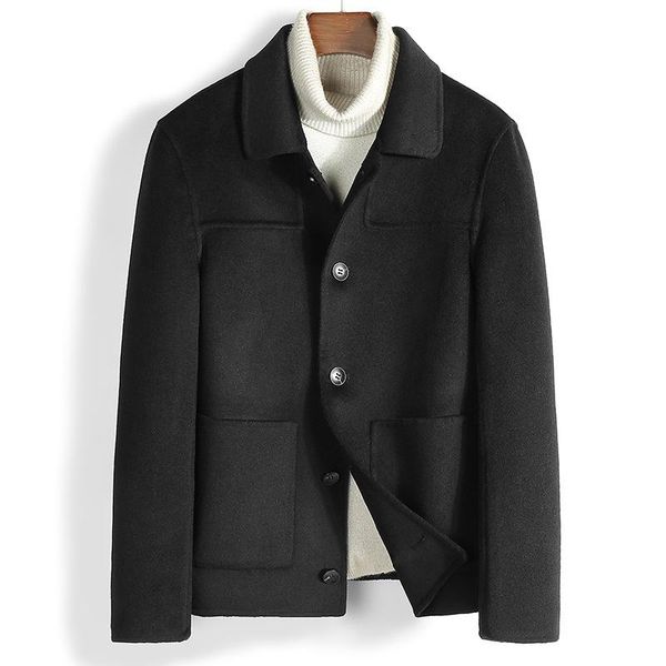 

men's double faced casual woolen buttons hand sewn dark thread lapel jacket jacket with multi colors, Black