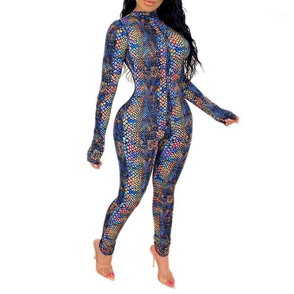 

summer women jumpsuits rompers full sleeve o-neck serpentine print club party bandage one piece outfits1, Black;white