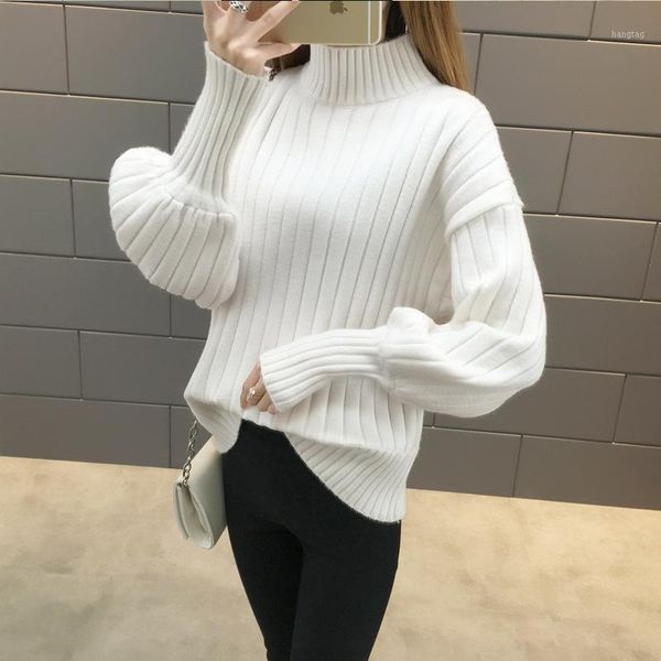 

women turtleneck sweater autumn winter korean fashion knitted pullover ladies loose lantern sleeve jumper1, White;black