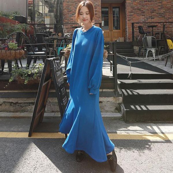 

johnature new korean ruffles fishtail wmoen dresses 2021 winter solid color loose casual sweatshirt female dress, Black;gray