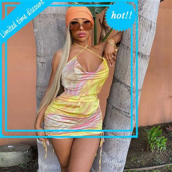 

fashion women tie dye spaghetti sandes backless mouwlless dresses floor length bandage ladies printed plisse party dress, Black