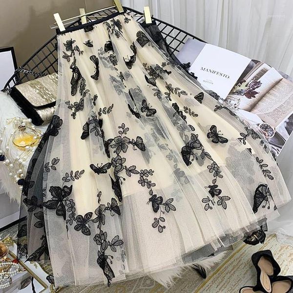 

2020 new summer mesh a-line elastic high waist tulle pleated skirts ladies chic butterfly embroidery layered fairy skirts z851, Black