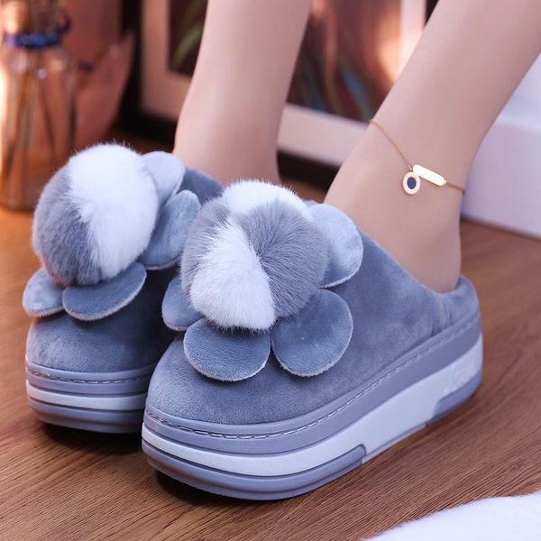 

slippers fur shoes home women's winter footwear med platform slides fashion flock pantofle plush massage flat luxury 2021 rome, Black