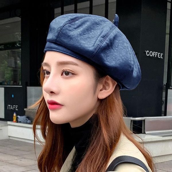 

berets yqyxcy hats for women's winter beret leather painter cap pumpkin hat female solid color retro british, Blue;gray