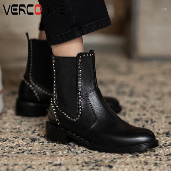 

boots verconas women genuine leather ankle 2021 fashion autumn winter office lady concise rivets woman1, Black