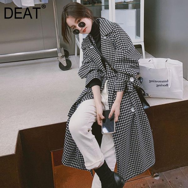 

deat] 2020 new autumn fashion women's woolen coat full sleeve lacing plaid high street wild classic thick over long ht105, Black