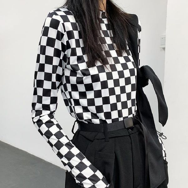 

ins checkerboard t-shirt female autumn harajuku streetwear bf plus velvet long-sleeved shirt fashion loose casual female t-shirt, White