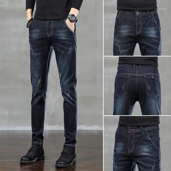 

2021 new men's jean slim casual pants full length fashion business stretch trousers male brand pants black blue pantalones1