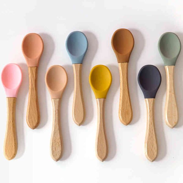 

feeding wooden handle silicone spoon for baby utensils eat soild food kids training manipulative ability children's tableware