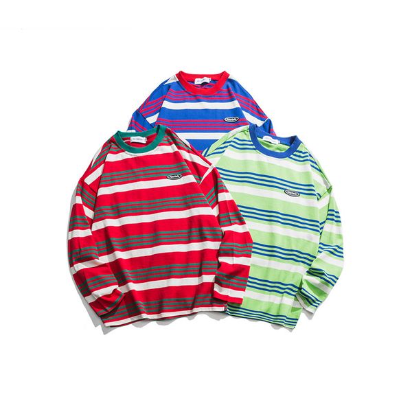 

2021 hip fashion long autumn new male and female t-shirt couple-style striped k94t, White