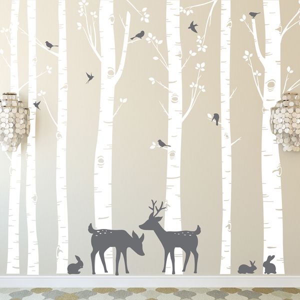 Enorme tamanho de árvores adesivos de parede conjunto de 7 árvores de vidoeiro com cervos e pássaros em 2 cores removíveis decalques de parede de vinil decoração de árvore ZA316 201130