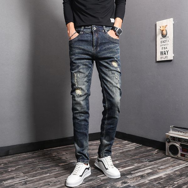 

2021 new fashion streetwear men jeans retro dark blue denim ripped trousers slim fit elastic patchwork vintage designer cotton pants unq1