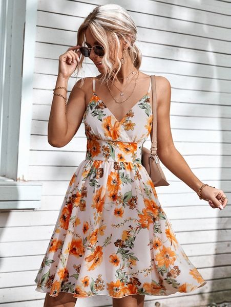

floral print flare hem cami dress j9dp#, Black;gray