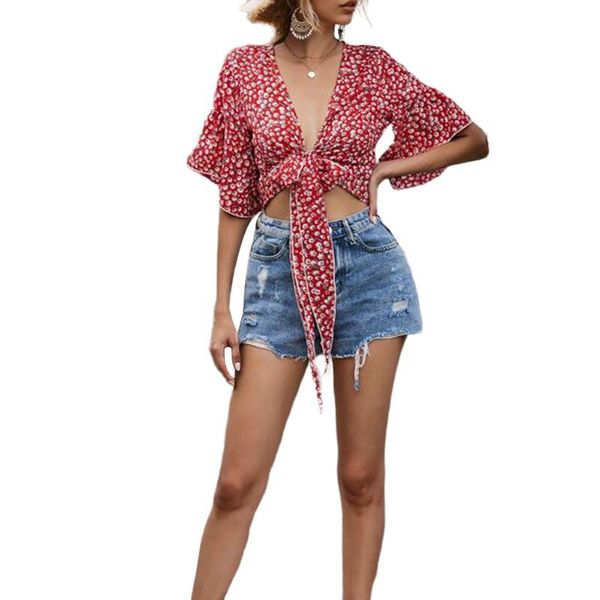 

women's blouses & shirts 2021 women summer cardigan straps floral pattern blouse slim medium sleeve deep v-neck ruffle shirt, White