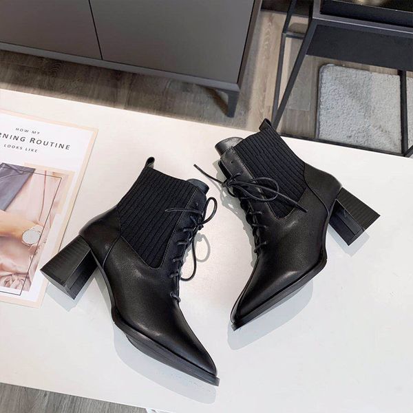

designer womens boots luxury black leather stitching knitted elastic stockings lace-up high heel with box size 35-39