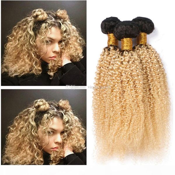 

blonde human hair weaves kinky curly hair extensions dark roots 1b 613 blonde ombre virgin hair bundle extensions 3pcs lot, Black;brown