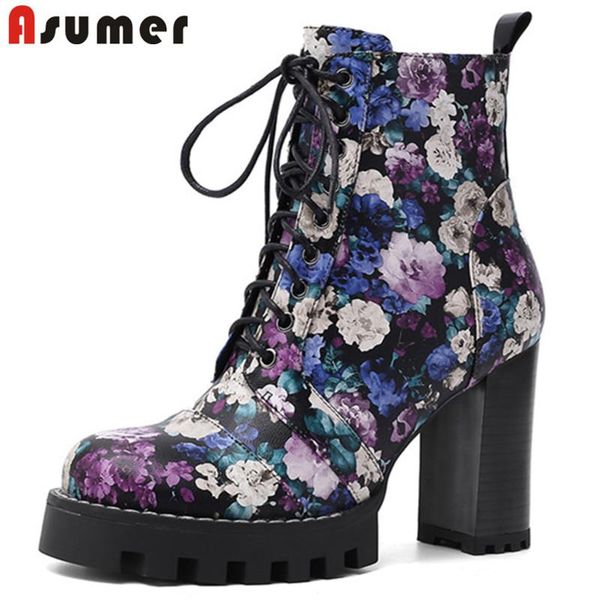 

asumer 2020 new arrival ankle boots women print round toe high heels platform boots fashion dress party wedding shoes woman, Black