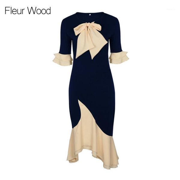 

fleur wood woman dress patchwork vestidos knee-length mermaid vintage bow tie casual half sleeve party dresses for women1, White;black