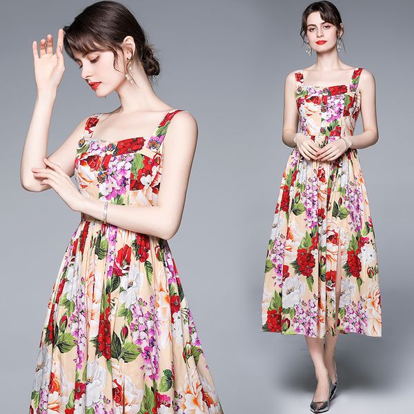 

women sling cocktail dresses summer button tender mid-length slim yellow flower printted big swing elegant party beach bohemia, White;pink