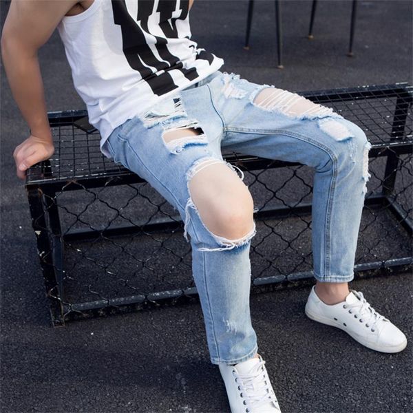 

autumn new style broken hole nine point jeans youth trend men's middle waist big hole beggar's pants, Blue