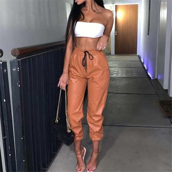 

women trousers pu leather women harem pants casual high waist elastic faux leather autumn pants streetwear office loose trousers, Black;white
