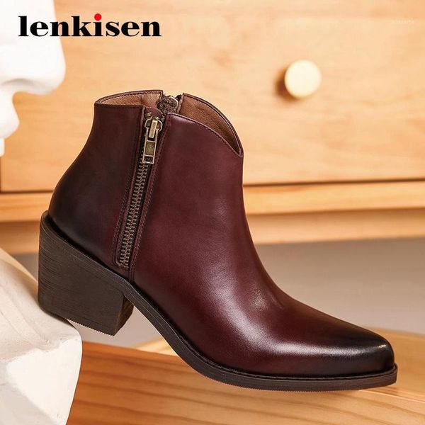 

lenkisen large size western boots genuine leather retro all-match thick high heel pointed toe zipper beauty lady ankle boots l531, Black