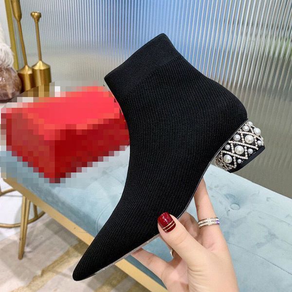 

2020 autumn new pointed pearl thick-heeled fashion pointy short boots skinny woolen boots socks, Black