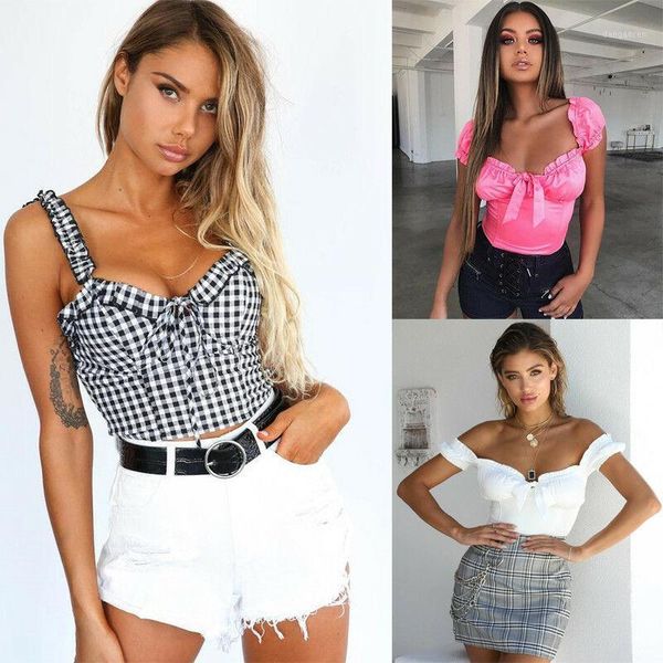 

women off shoulder vest fashion sleeveless ruffles strappy bandage knot solid plaid crop club tanks clothes1, White