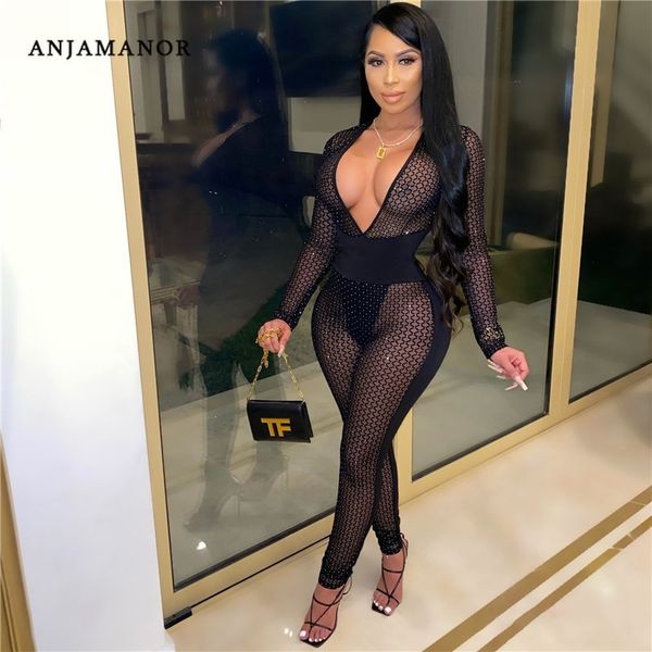 Anjamanor Sexy Club Комбинезоны для женщин падение Deep V-шеи с длинным рукавом прозрачные сетки блесток черный Bodycon Rompers D57-CE28 201007