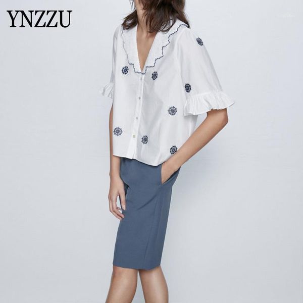 

autumn women half sleeve blouse fashoin embroidery ruffles female loose casual shirt white high street 2020 new ynzzu yt8831