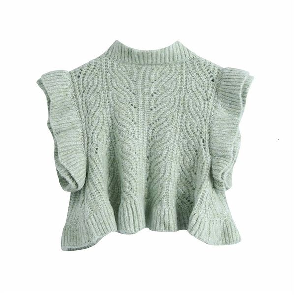 

2021 green ruffle cropped knitted vest women fashion sleeveless cardigan woman open waistcoat female new year sweater 4ymv, White;black