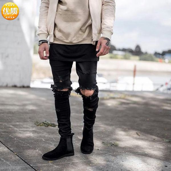 

high street big damage slim jeans trendy men's knee hole leggings, Blue