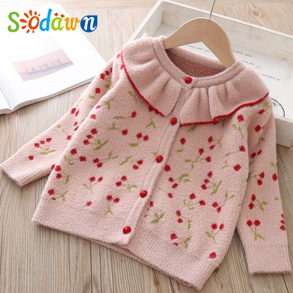 

sodawn autumn winter girls clothes sweaters coat korean o-neck kids cherry pattern cardigan children costume lj200813, Blue